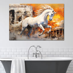 White Equine Amidst Ruins - NicheCanvas