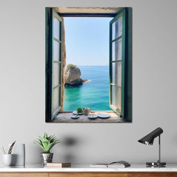 Oceanic Vista Through Wooden Pane - NicheCanvas