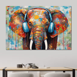Elephant Listening Music with Headphone - NicheCanvas