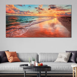Sunset Over an Ocean Beach Shore - NicheCanvas
