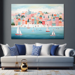 Sailboats in Dreamy Cityscape - NicheCanvas