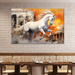 White Equine Amidst Ruins - NicheCanvas