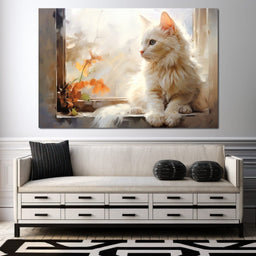 White Cat Sitting on Windowsill - NicheCanvas