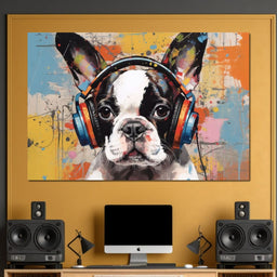 Boston Terrier Listening Music with Headphone - NicheCanvas