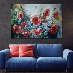 Poppies & Blue Flowers - NicheCanvas