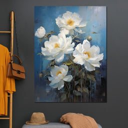 White Peonies on Light Blue Background - NicheCanvas