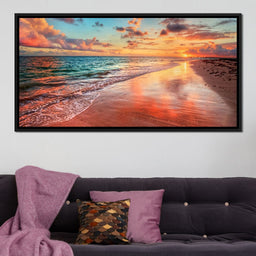 Sunset Over an Ocean Beach Shore - NicheCanvas