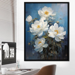 White Peonies on Light Blue Background - NicheCanvas