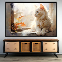 White Cat Sitting on Windowsill - NicheCanvas