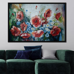 Poppies & Blue Flowers - NicheCanvas