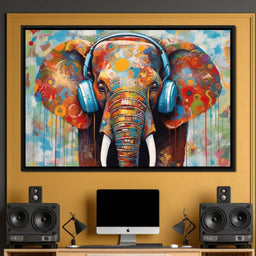 Elephant Listening Music with Headphone - NicheCanvas