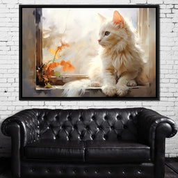White Cat Sitting on Windowsill - NicheCanvas