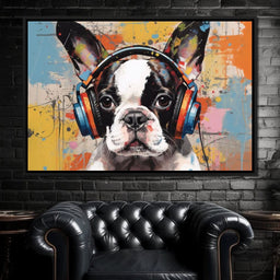 Boston Terrier Listening Music with Headphone - NicheCanvas