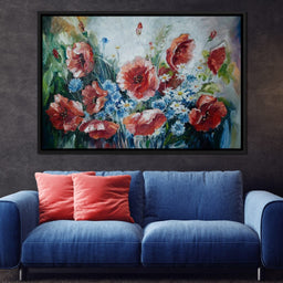 Poppies & Blue Flowers - NicheCanvas