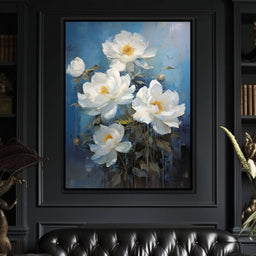 White Peonies on Light Blue Background - NicheCanvas