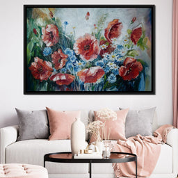 Poppies & Blue Flowers - NicheCanvas