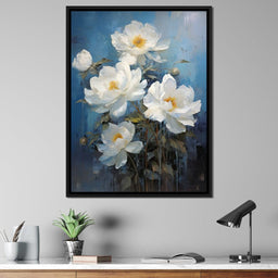 White Peonies on Light Blue Background - NicheCanvas