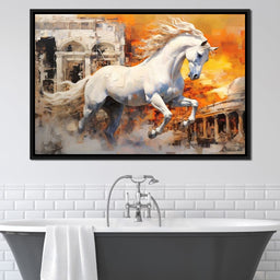 White Equine Amidst Ruins - NicheCanvas