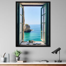 Oceanic Vista Through Wooden Pane - NicheCanvas
