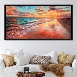 Sunset Over an Ocean Beach Shore - NicheCanvas