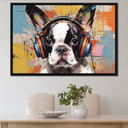 Boston Terrier Listening Music with Headphone - NicheCanvas