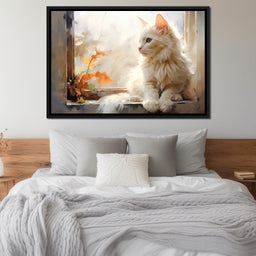 White Cat Sitting on Windowsill - NicheCanvas