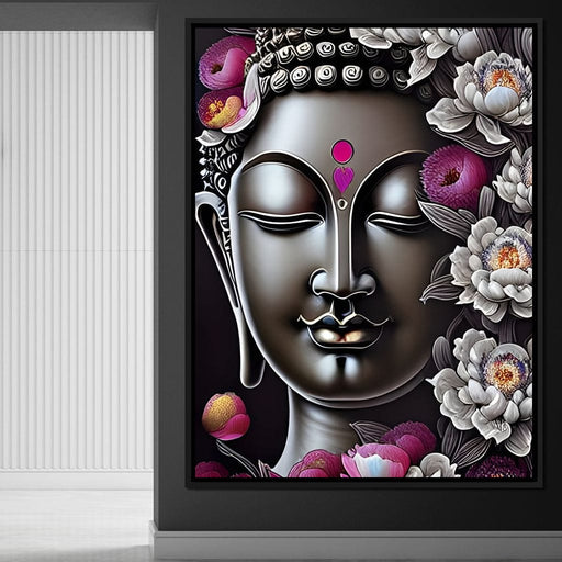 Buddha & Flowers Grey Canvas Print