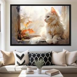 White Cat Sitting on Windowsill - NicheCanvas