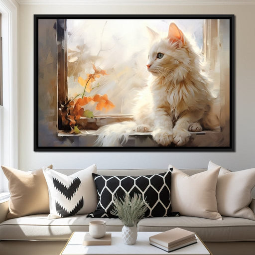 White Cat Sitting on Windowsill Canvas Print