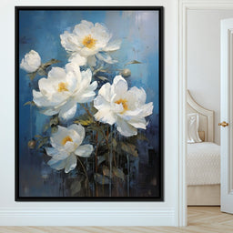 White Peonies on Light Blue Background - NicheCanvas