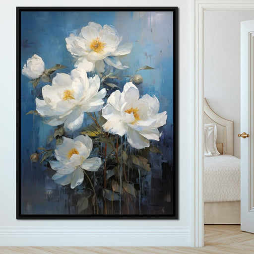 White Peonies on Light Blue Background Canvas Print