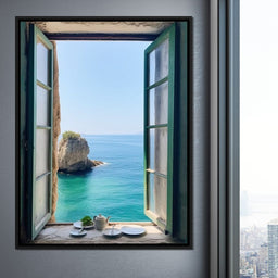 Oceanic Vista Through Wooden Pane - NicheCanvas