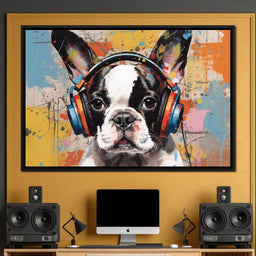 Boston Terrier Listening Music with Headphone - NicheCanvas