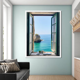 Oceanic Vista Through Wooden Pane - NicheCanvas