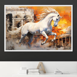 White Equine Amidst Ruins - NicheCanvas