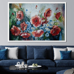 Poppies & Blue Flowers - NicheCanvas