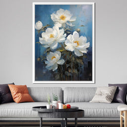 White Peonies on Light Blue Background - NicheCanvas