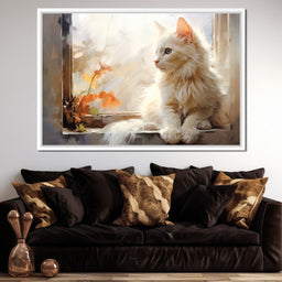 White Cat Sitting on Windowsill - NicheCanvas