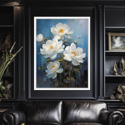 White Peonies on Light Blue Background - NicheCanvas