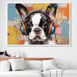 Boston Terrier Listening Music with Headphone - NicheCanvas