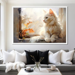 White Cat Sitting on Windowsill - NicheCanvas