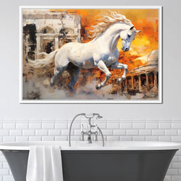 White Equine Amidst Ruins - NicheCanvas