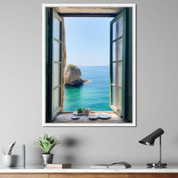 Oceanic Vista Through Wooden Pane - NicheCanvas