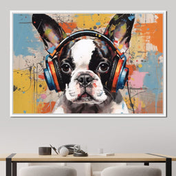Boston Terrier Listening Music with Headphone - NicheCanvas