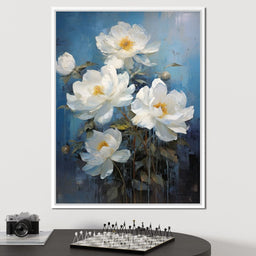White Peonies on Light Blue Background - NicheCanvas