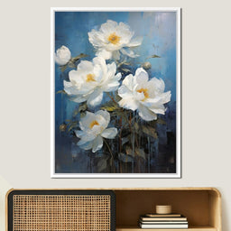 White Peonies on Light Blue Background - NicheCanvas