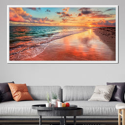 Sunset Over an Ocean Beach Shore - NicheCanvas