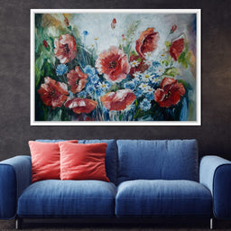 Poppies & Blue Flowers - NicheCanvas