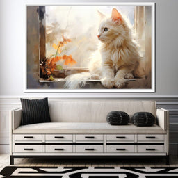White Cat Sitting on Windowsill - NicheCanvas