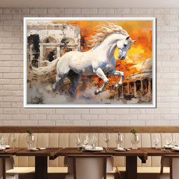 White Equine Amidst Ruins - NicheCanvas